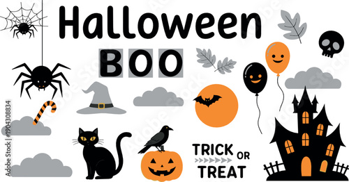 Halloween illustration set with boo text spooky castle pumpkins bats ghosts cats balloons and trick or treat elements in playful flat cartoon style for holiday designs