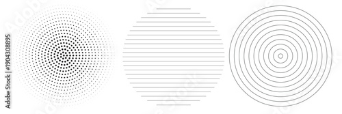 Black concentric circle set. Sonar or sound wave ring collection. Dotted and linear epicentre, target, radar icon concept. Ripple radial signal or vibration elements. Vector line and halftone symbols