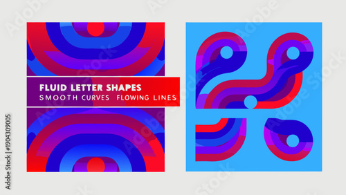 Vibrant abstract psychedelic letter shapes with smooth curves and flowing lines in red blue and purple hues on white background
