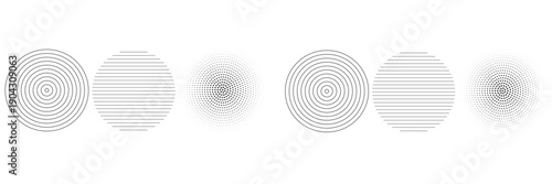 Black concentric circle set. Sonar or sound wave ring collection. Dotted and linear epicentre, target, radar icon concept. Ripple radial signal or vibration elements. Vector line and halftone symbols