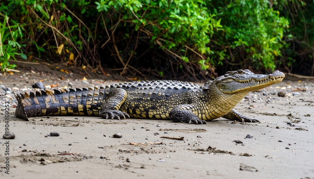 Fototapeta premium Croc on sandy bank, jungle backdrop