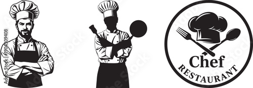 Three black and white of chefs and chef restaurant