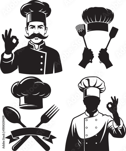 Four black and white chef with hats and utensils in monochrome chefs hat toque kitchen utensils