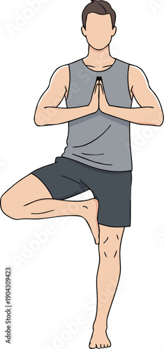 Man Practicing Yoga Tree Pose Vector Illustration