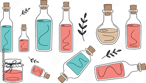 Hand drawn glass bottle illustration set with colorful liquid potions jars and corked flasks in minimal flat style for magic wellness and decorative designs