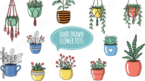 Hand drawn flower pot illustration set with hanging planters potted houseplants and decorative containers in cozy flat style for home garden and interior designs