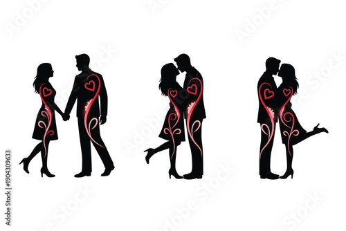 Couple Silhouettes with Heart Patterns in Romantic Dance Pose with Red Accents in Modern Illustration for Valentines Day