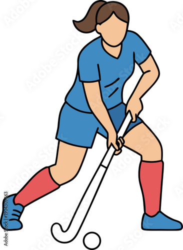 Female Field Hockey Player in Action – Sports Athlete Vector Illustration