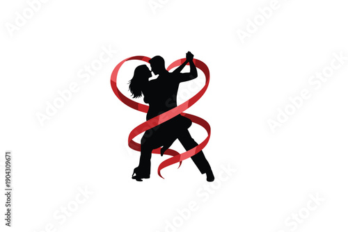 Dancer with ribbon in dynamic pose in black silhouette with red ribbon on white background for dance studio