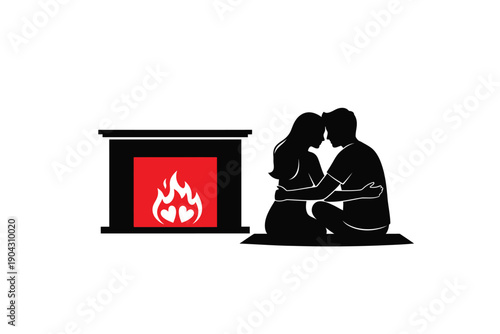 Couple Embracing by Fireplace in Silhouette with Warm Red Glow on White Background for Romantic Illustration