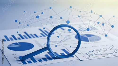 Magnifying glass over financial charts and data analysis network.