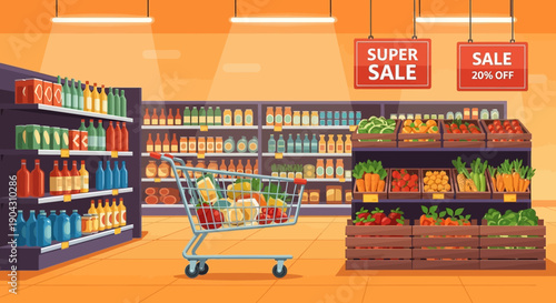 Cartoon illustration of a grocery store aisle with shopping cart and sale signs