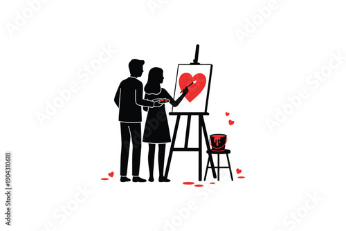 Couple Painting Heart on Canvas in Simple Line Art with Red Accents in Romantic Mood for Valentines Day