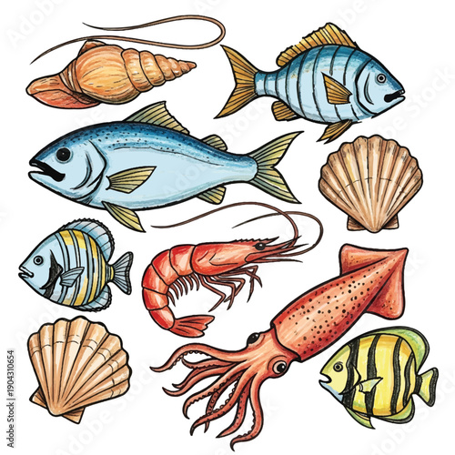 Cartoon vector illustration of cute tropical sea animals and fishes swimming underwater in colorful aquarium set