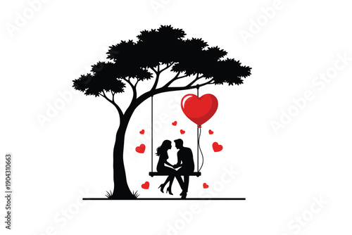 Couple on swing under tree with heart balloons in romantic silhouette with red hearts in minimalist style for valentines day