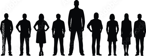 Silhouette of group of men and women standing in a row, business team line up, cad drawing flat vector illustration
