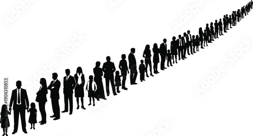 Silhouette of large crowd standing in a long diagonal queue, men women and children waiting, cad drawing flat vector illustration