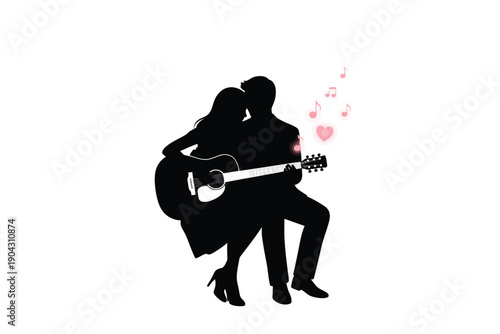 Couple Silhouette with Guitar in Romantic Pose with Heart Notes in Black and White Illustration for Valentines Day