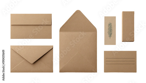 Assorted brown paper envelopes and stationary pieces against black