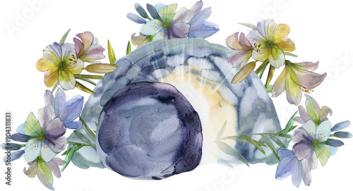Slika na platnu Watercolor empty tomb with floral arrangement on transparent background