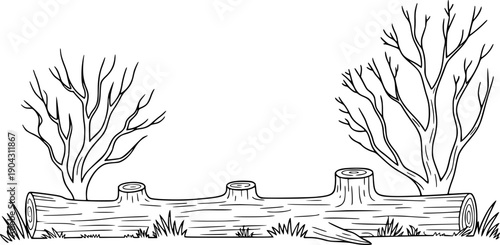 Bare Tree Branches and Log with Stumps White Background Line