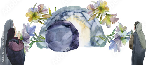 Canvas-taulu Watercolor illustration of the empty tomb and praying women on transparent background