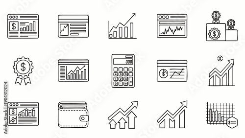 Collection of line icons representing financial growth, investment, savings, and business analytics on a white background.