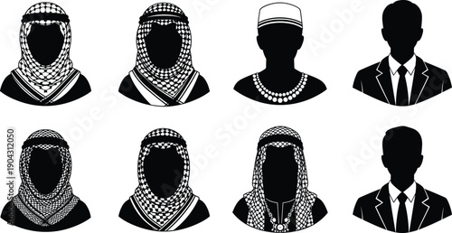 Arab men avatar silhouettes set with traditional keffiyeh, thobe and modern business suit, black and white vector profile icons for identity design.