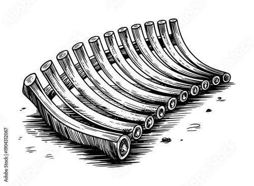 Black and white of a raw rack of lamb ribs a white background meat food