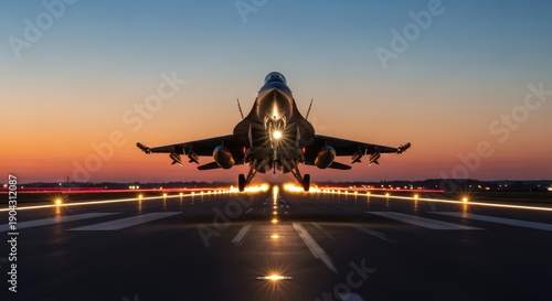 Fighter jet on runway at sunset with glowing lights and dramatic sky in background