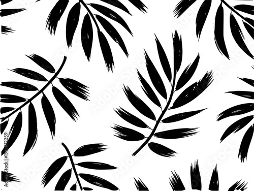 Black Palm Frond Pattern White Background Hand Drawn Brush Strokes Tropical leaf