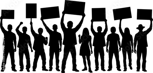 Silhouette protesters holding blank placards, diverse crowd demonstration, activism and social movement concept, peaceful protest rally illustration, strike and 