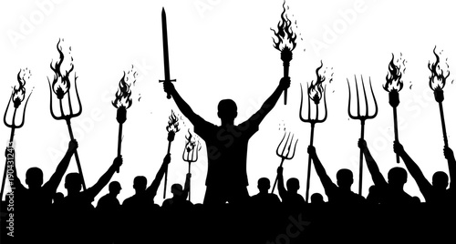 Revolt crowd silhouettes with flaming torches and sword symbolizing rebellion, uprising, power, revolution, anger, resistance, conflict, ancient battle spirit, dramatic protest illustration design