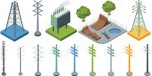 Isometric electrical power infrastructure illustration, transmission towers and energy equipment set, industrial utility vector design assets