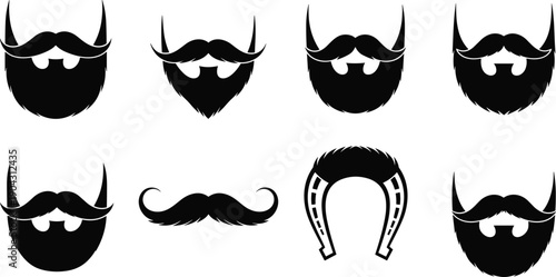 Beard and mustache silhouette set with different hipster styles, barbershop facial hair icons, black vector collection isolated on white background