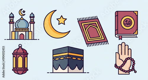 Islamic symbols collection mosque crescent moon prayer rug Quran Kaaba lantern prayer beads.