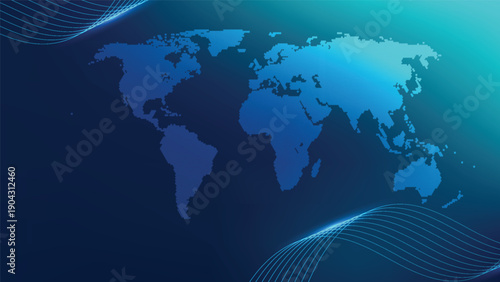 Digital world map with blue gradient background, abstract wavy lines, and binary code texture for global technology use