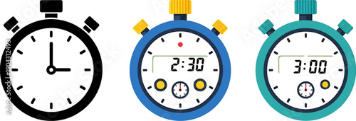 Three Different Stopwatches Vector Illustration on a Clean Light Background