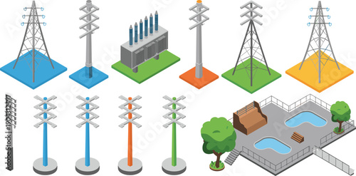Isometric electrical power infrastructure illustration, transmission towers and energy equipment set, industrial utility vector design assets