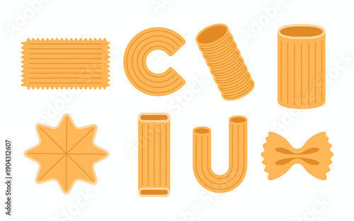 Collection of assorted Italian pasta shapes in warm orange tones white background