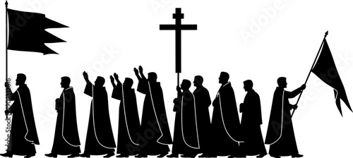 Religious procession silhouette of Christian clergy carrying cross and flags ceremonial march faith worship ritual church tradition spiritual event black vector illustration isolated background
