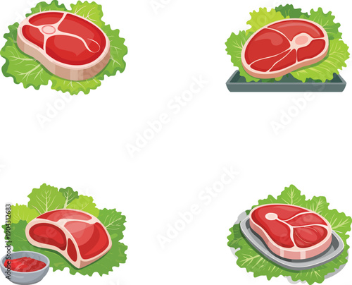 Raw beef with red color and under the tray and next to the meat on lettuce leaves.