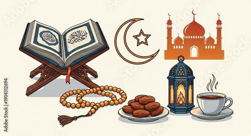 Islamic symbols and objects for Ramadan and Eid celebrations.