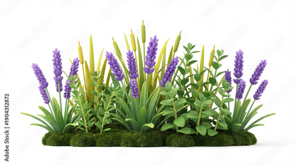 Fototapeta premium Lush Lavender and Greenery Arrangement on White Background.