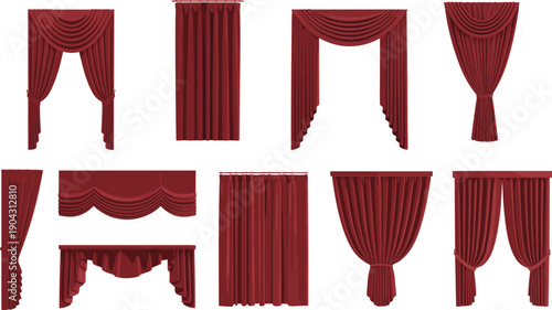 Red theater curtains collection with drapes valances and stage backdrops isolated on white background for opera cinema performance design illustration realistic velvet interior decor