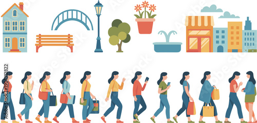 flat urban lifestyle people walking city icons park bench shop building street illustration vector modern everyday activity collection set,