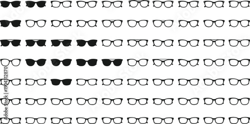 Black and white vector illustration set featuring a diverse collection of eyeglasses and sunglasses frames in various styles for optical fashion and accessory  and 