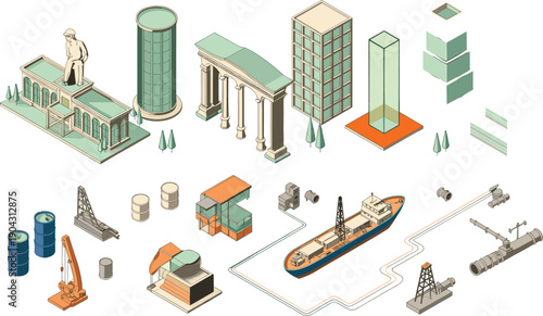 isometric city architecture and oil industry infrastructure collection flat vector illustration urban buildings transport industrial design elements set,