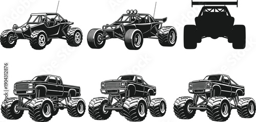 Black and white vector illustration set of monster trucks and off-road desert buggies with large tires for 