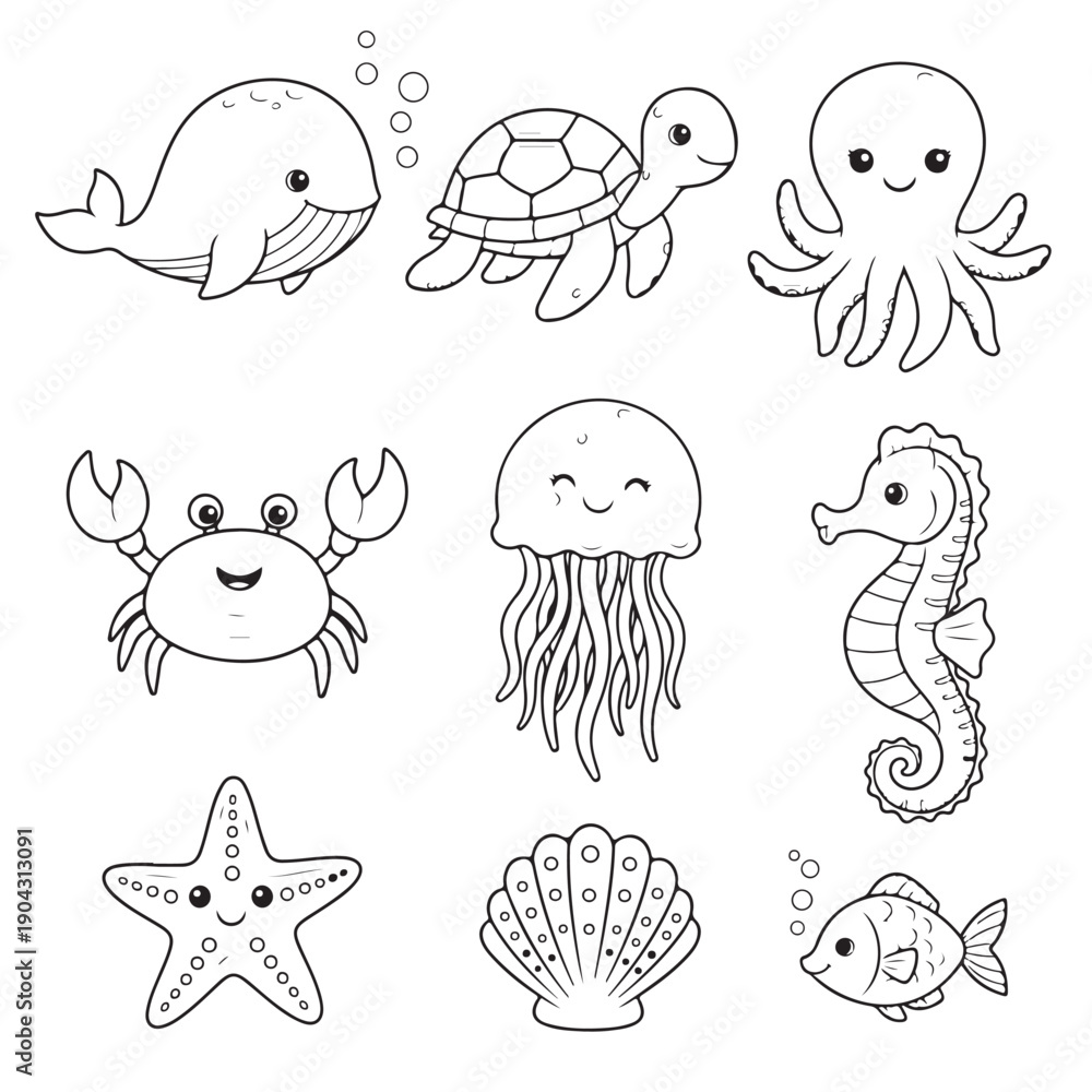 Fototapeta premium Funny cartoon octopus and sea animals vector set